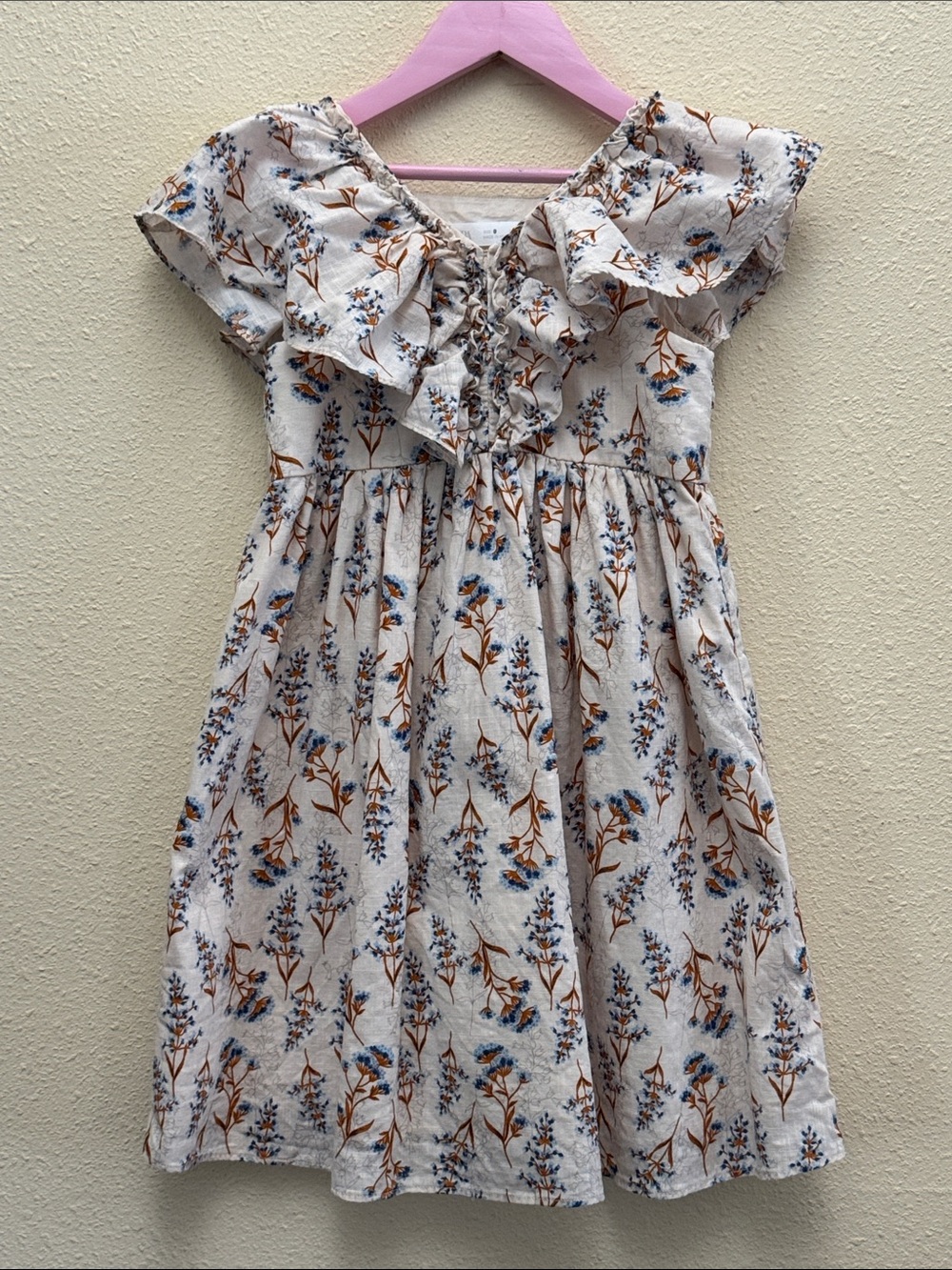 Zara Girls' Floral Ruffle V Neck Dress - Cream with Blue & Brown Print Size 9